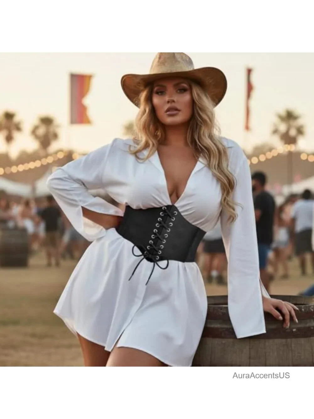 Wide PU Leather Corset Belt Lace-Up Waspie Waist Cincher for Dresses & Costumes